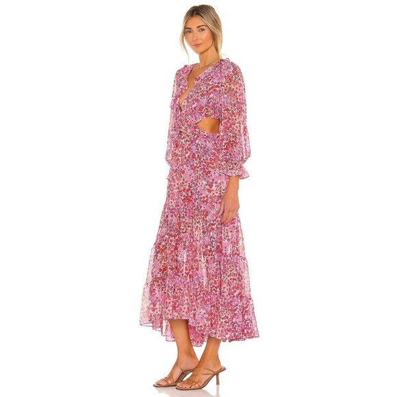 MISA Amelia Pink Del Rio Floral Chiffon Ruffle Cut-Out Tiered Maxi Dress, Size S - Picture 2 of 16